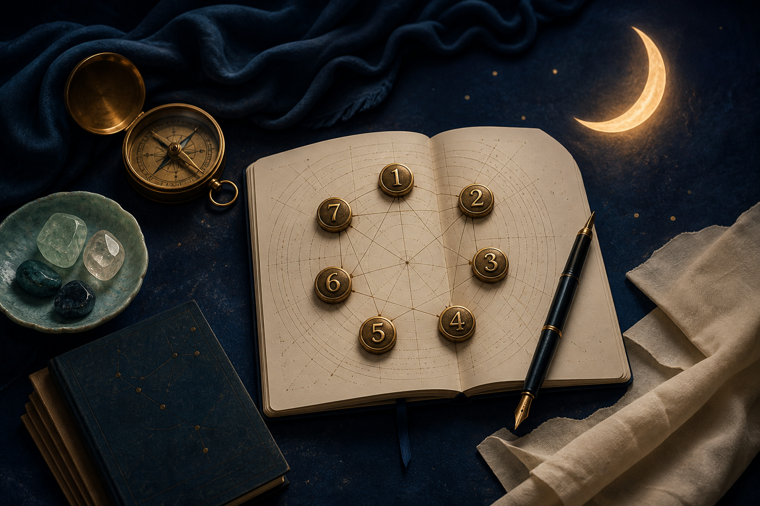 A numerology journal with number tokens, a compass, and moonlight